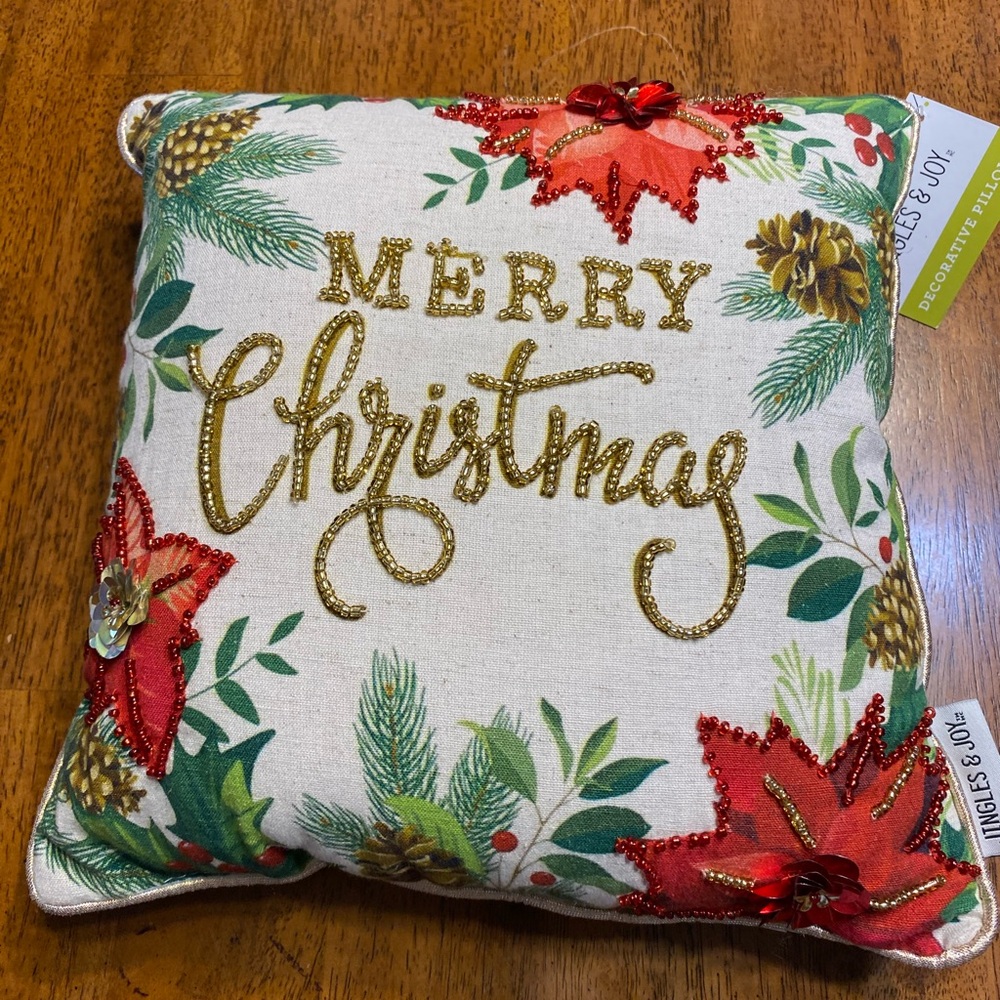 Jingles and joy embellished Christmas pillow. 12 x 12.  NWT